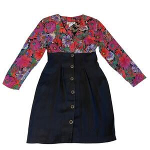 VTG La Belle Floral Red Pink Button Up Bodycon Long Sleeve V Neck Short Dress 7